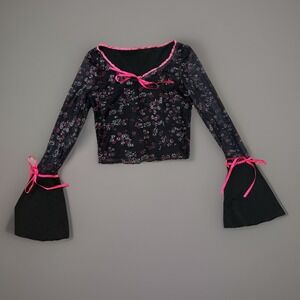 90s/00s Black Floral Fairycore Top w/ Pink Ribbon Ties‎ Sz xs